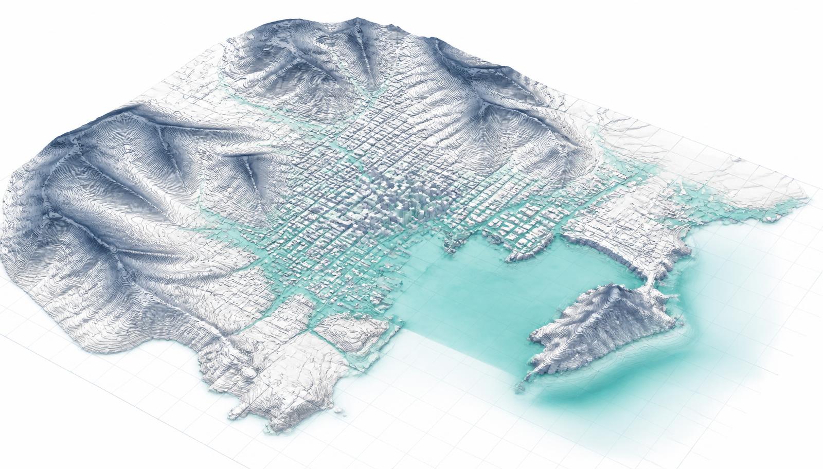 Isometric LiDAR-derived terrain model of a coastal city with water pooling in low-lying streets