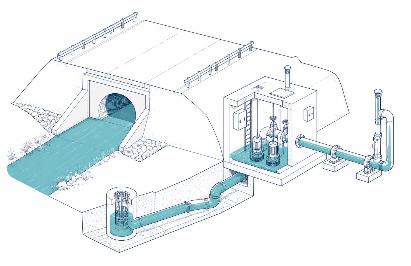 Isometric technical drawing of a road culvert, inlet and stormwater pump station