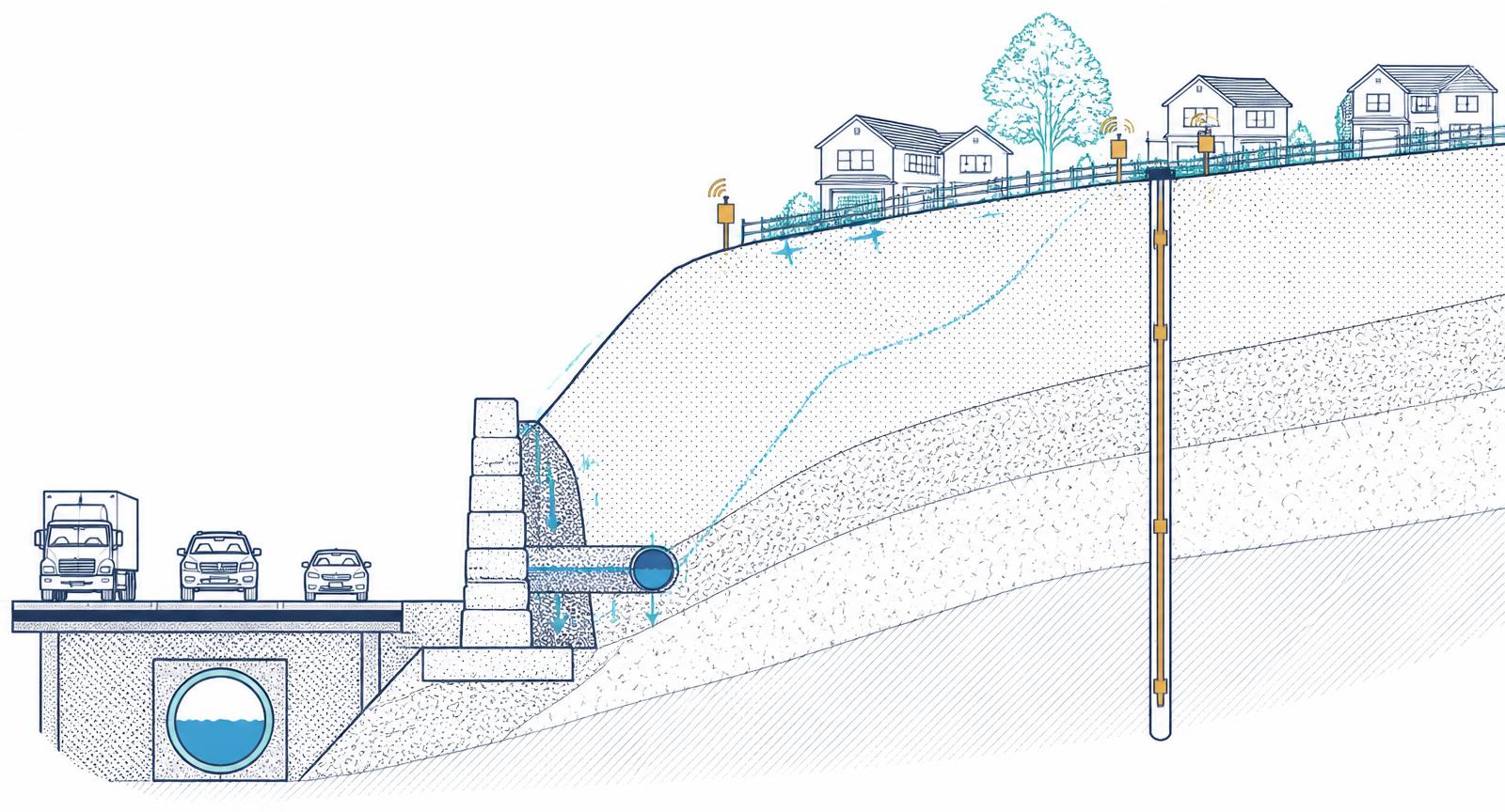 Cross-section of a slope above a highway, water main and neighborhood with retaining wall, culvert and monitoring sensors