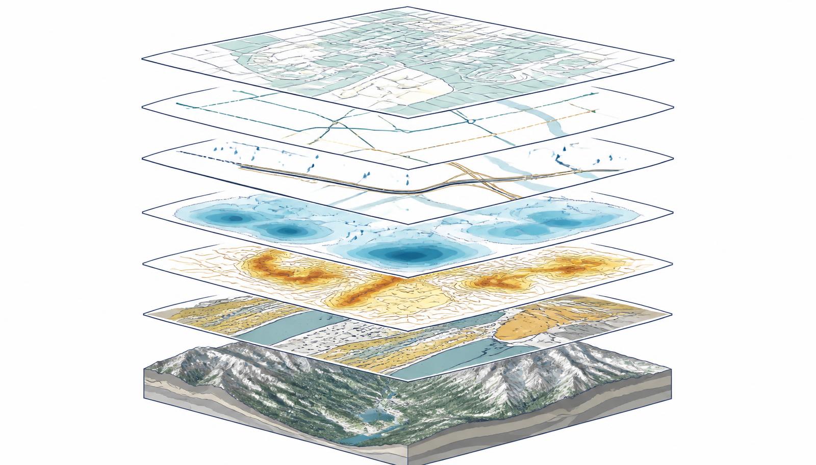 Exploded stack of GIS map layers—geology, slope, rainfall, roads, utilities, parcels—above a mountainous terrain base