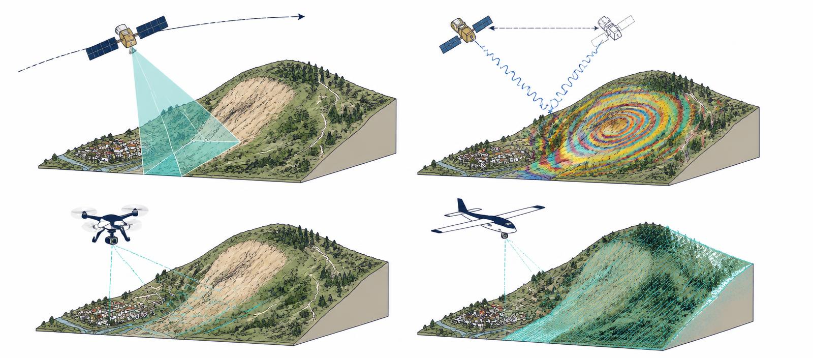Four panels showing satellite imagery, InSAR deformation fringes, UAV survey and airborne LiDAR over a hillside