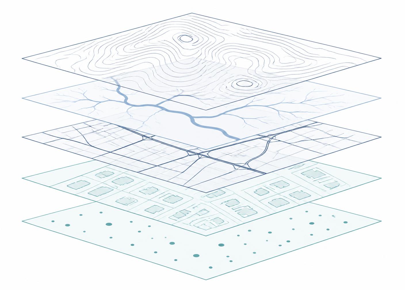 Stacked translucent GIS layers showing terrain, streams, roads, parcels and asset points