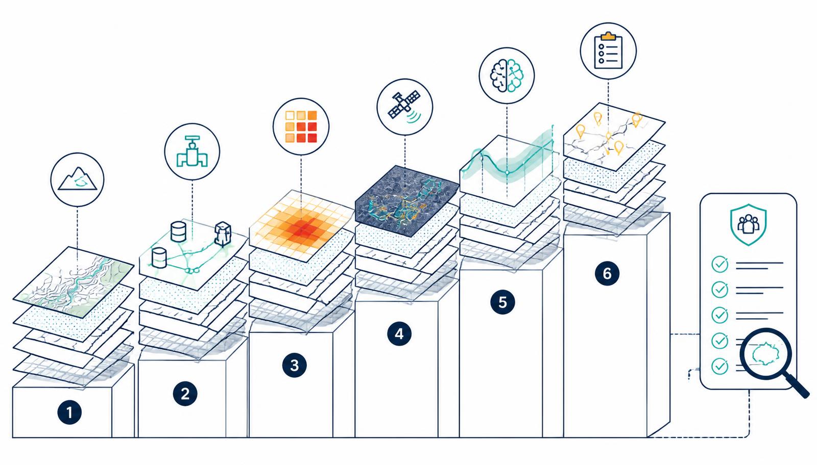 Ascending six-step diagram of stacked GIS map layers from base terrain through prediction and operational work orders, with a governance checklist