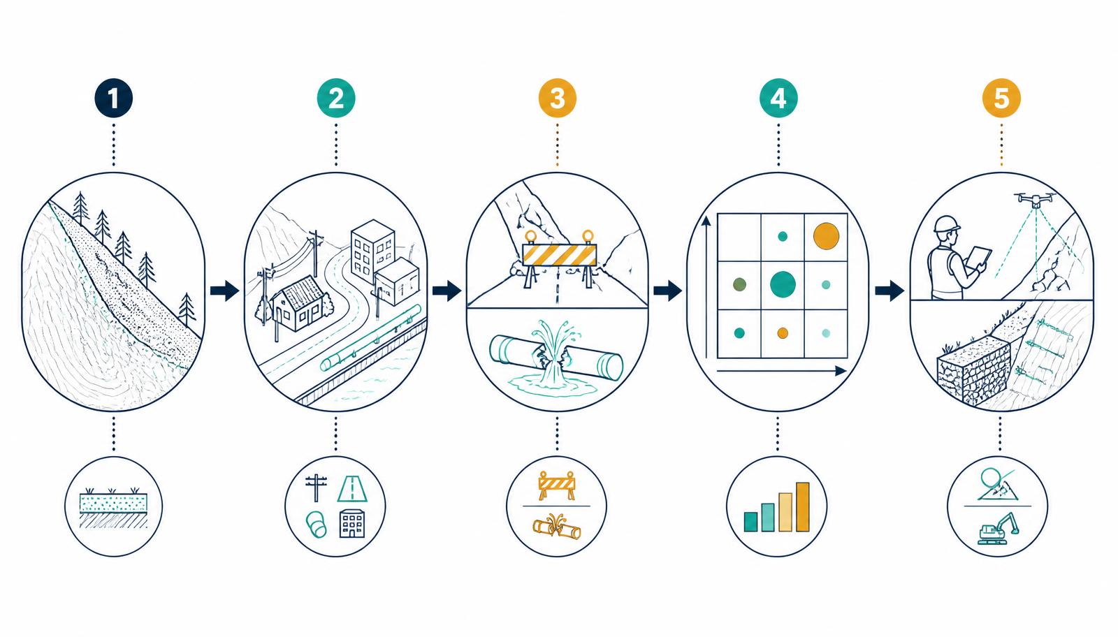 Five-stage diagram: susceptible slope, exposed roads and utilities, consequence of closed road and broken main, priority grid, and inspection and mitigation actions