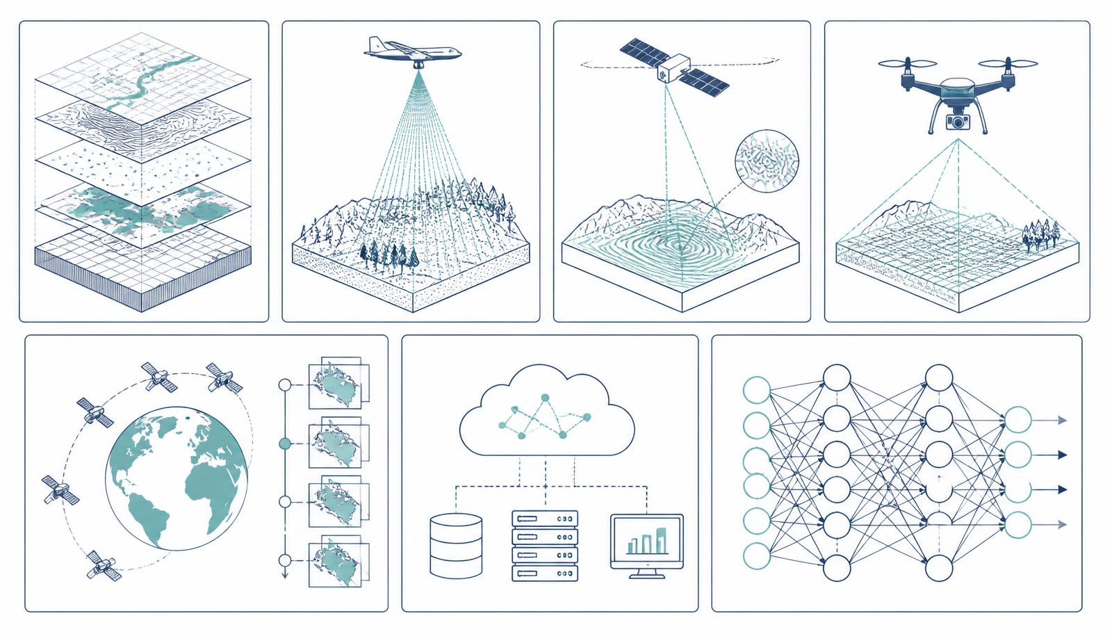 Grid of technical panels illustrating GIS layers, LiDAR scanning, InSAR interferometry, UAV survey, satellite time series, cloud computing and a neural network