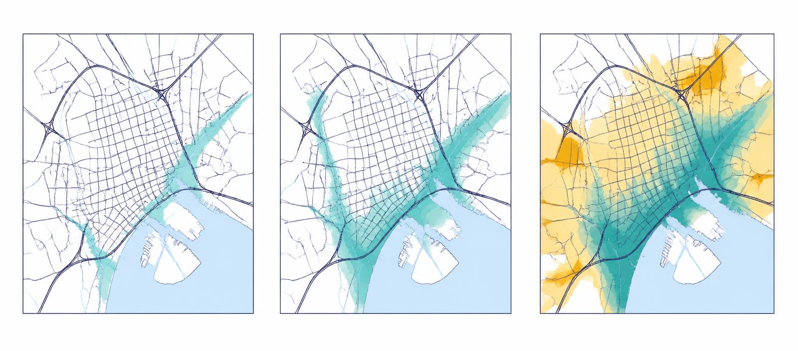 Three city map tiles showing progressively larger modeled flood inundation footprints